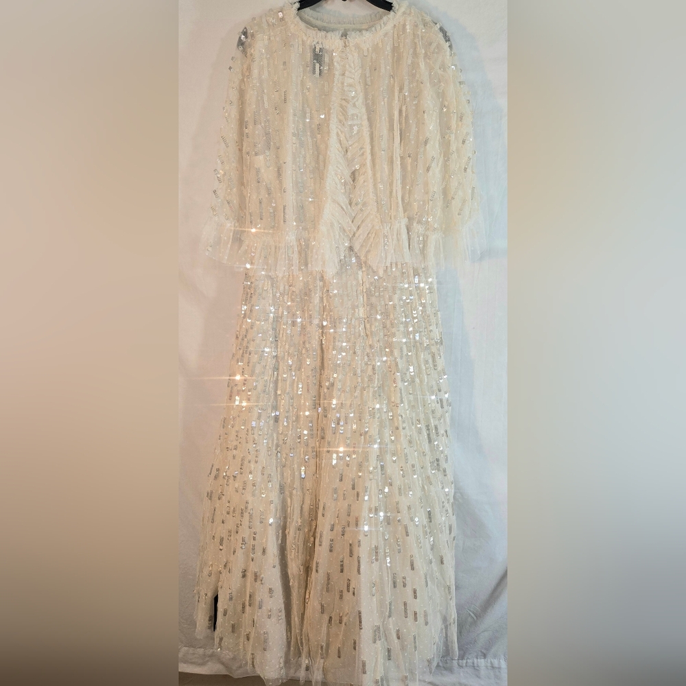 NEEDLE AND THREAD Women's 16 Beige Sequin Dash Cape Ankle Gown Tulle Dress New. - Picture 6 of 11